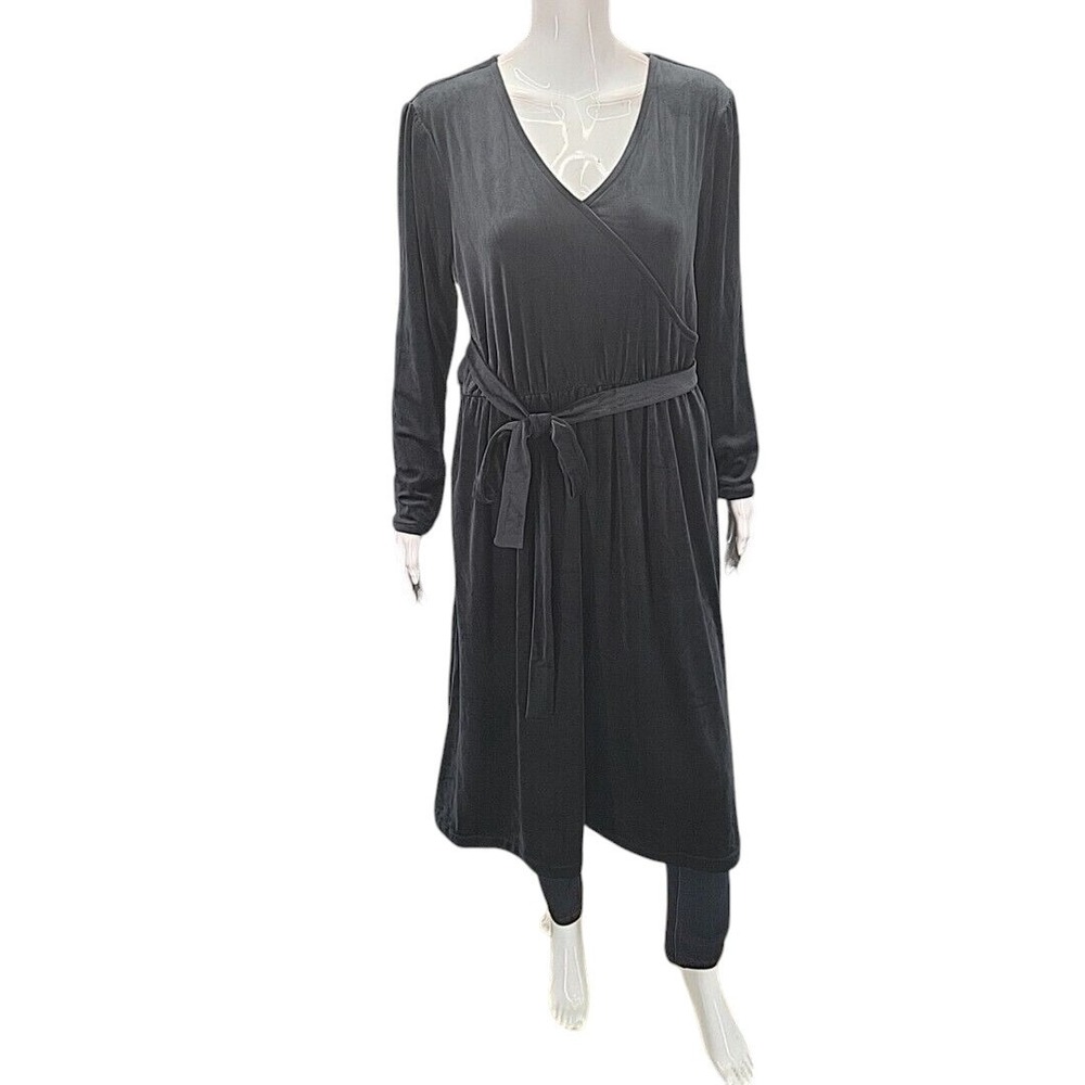 Denim & Co Women's Velour V-Neck Belted Midi Dress Black Petite Size Large